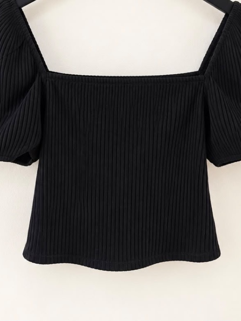 H&M Black Ribbed Square-Neck Puff Sleeve Crop Top